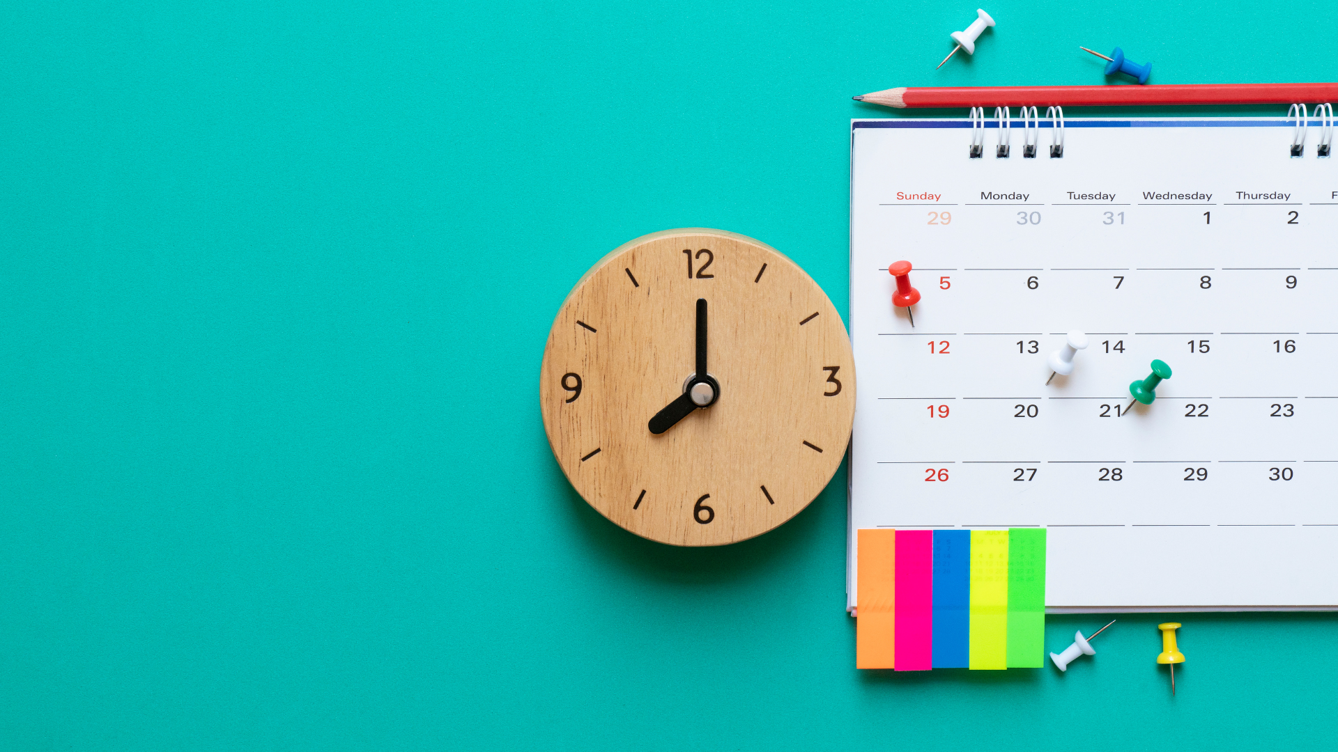 Calendar and clock showing time management for 30-day English learning challenge